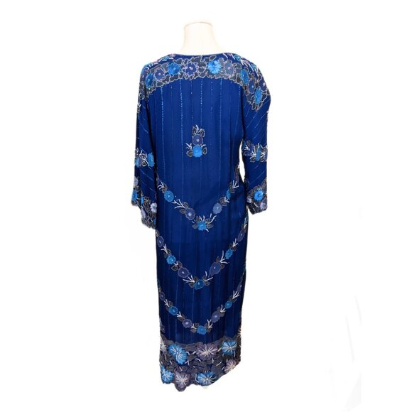 Vintage 70s Painted & Beaded Chiffon Dress from Germany Formal Prom Gown Sz L - Picture 7 of 16